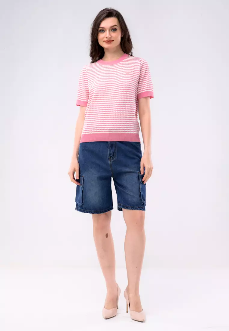 Textured Knitted Short Sleeve Blouse