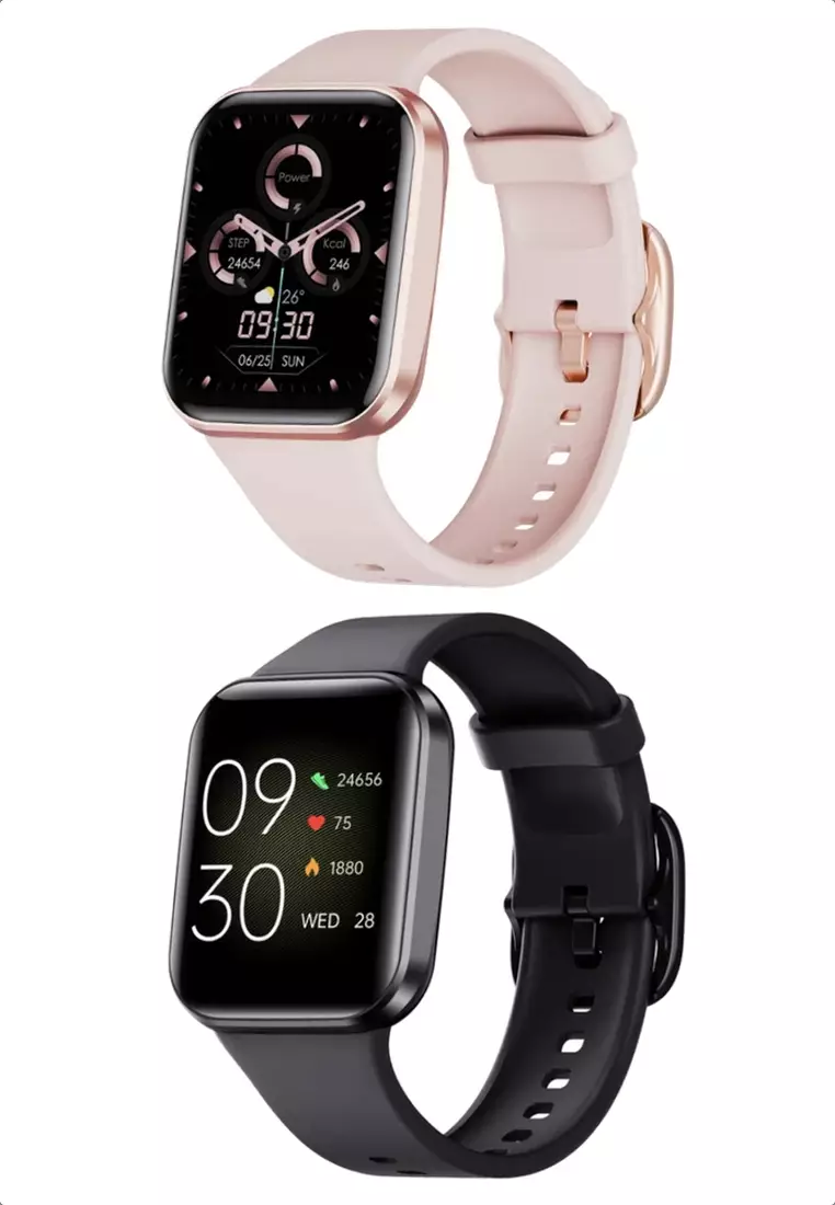 His and Hers - 2 IOS/Android IP Black & Pink Smart Watches with Rubber Strap