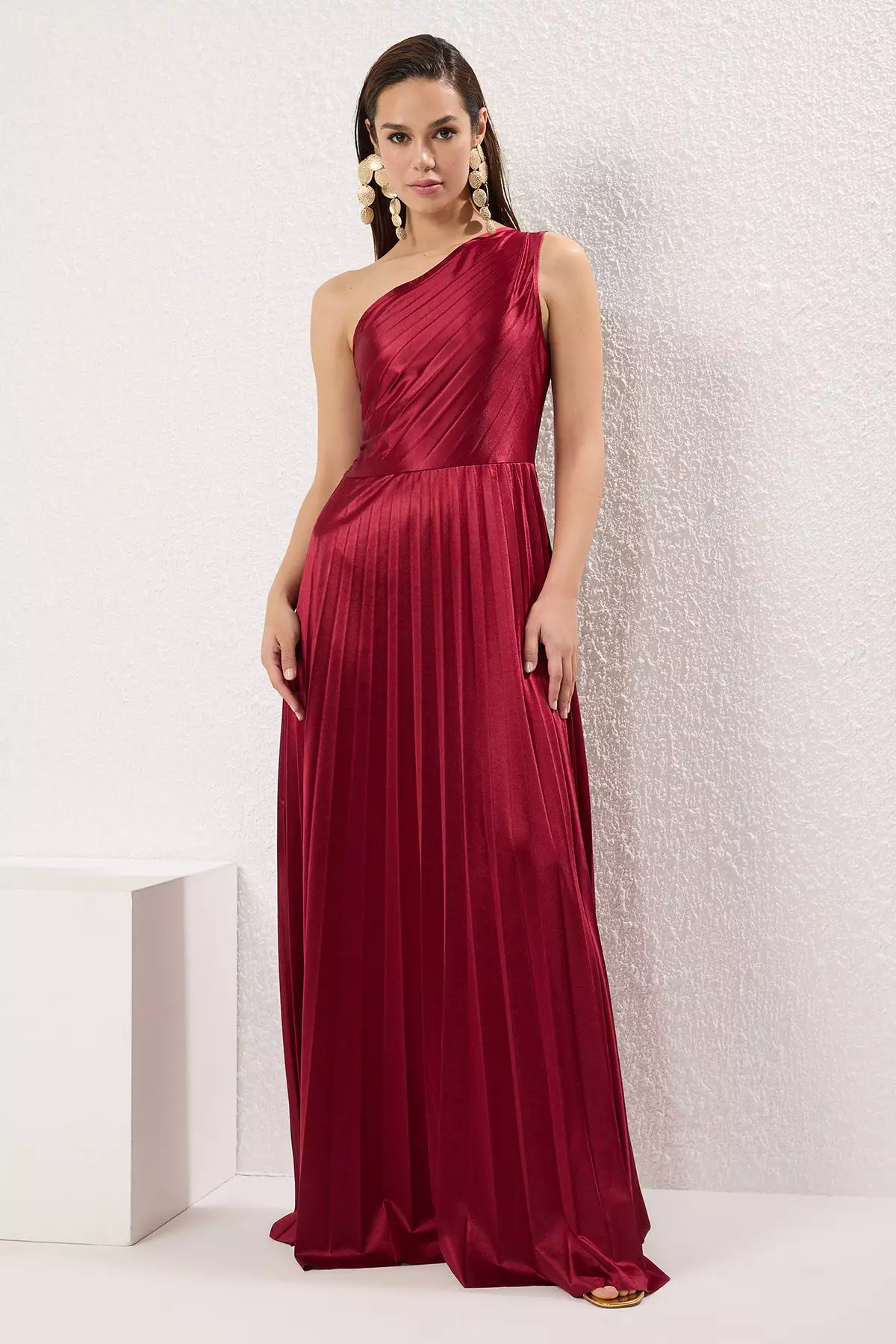 Burgundy Plain Skirt Opening at Waist Pleated Knitted Satin Maxi Evening Night Graduation Dress TPRSS25AE00161