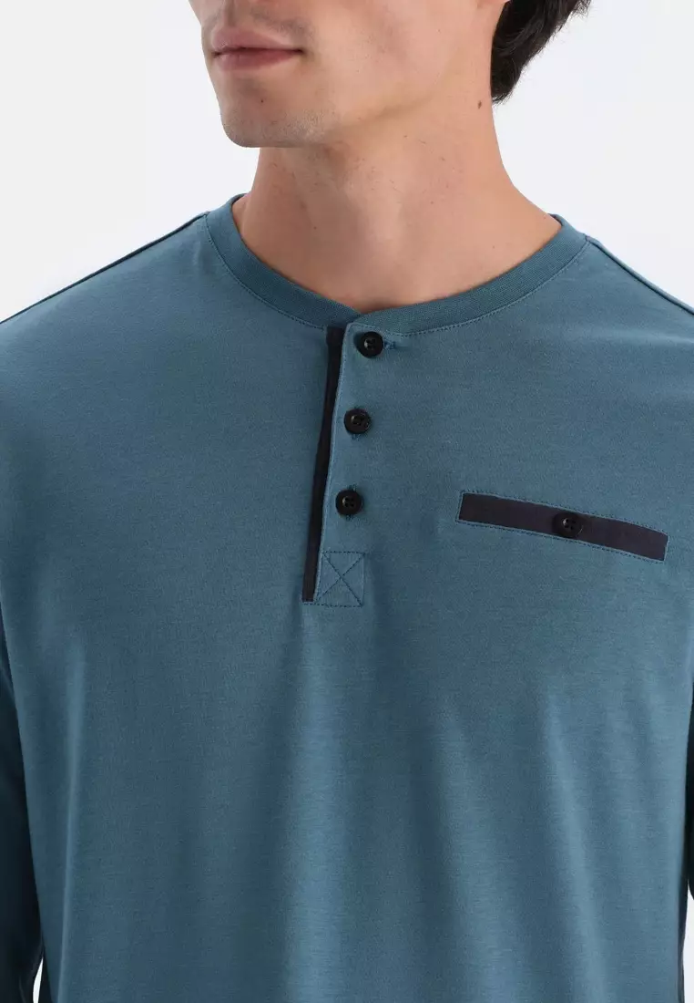 Blue T-Shirt & Trousers Set, Crew Neck, Regular Fit, Long Sleeve Sleepwear for Men