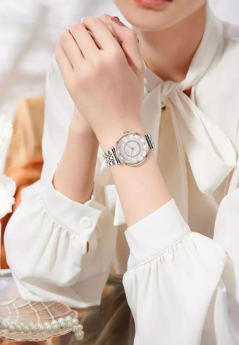 Jam Tangan Wanita Mewah jam tangan wanita Tali stainless steel bisnis mode 3ATM Anti Air