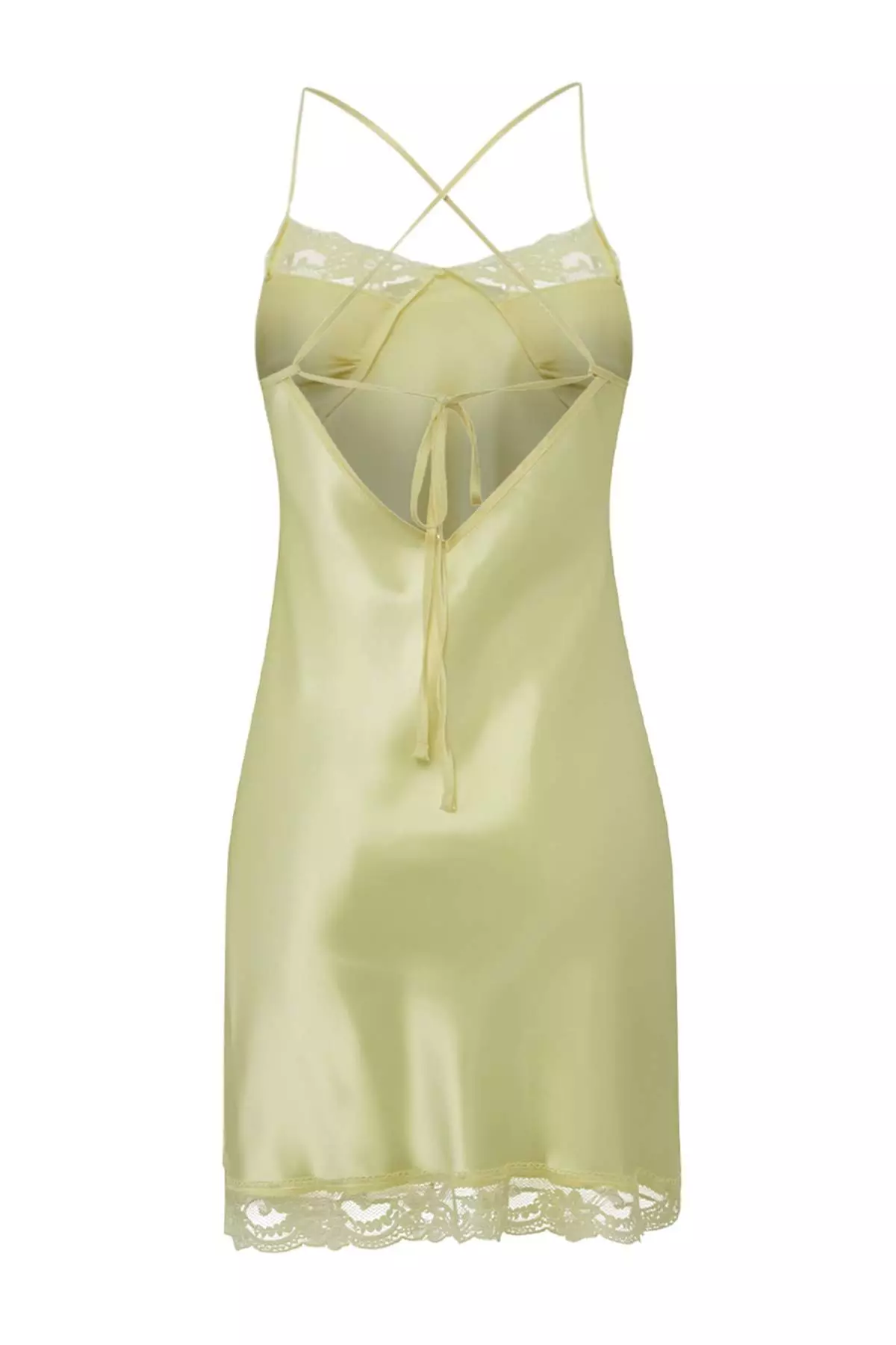 Yellow Lace And Slit Detailed Strappy Satin Woven Nightgown Thmaw26Gc1