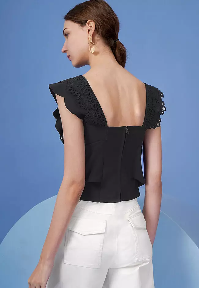 Square Neck Lace Overlay Self-Tie Waist Top