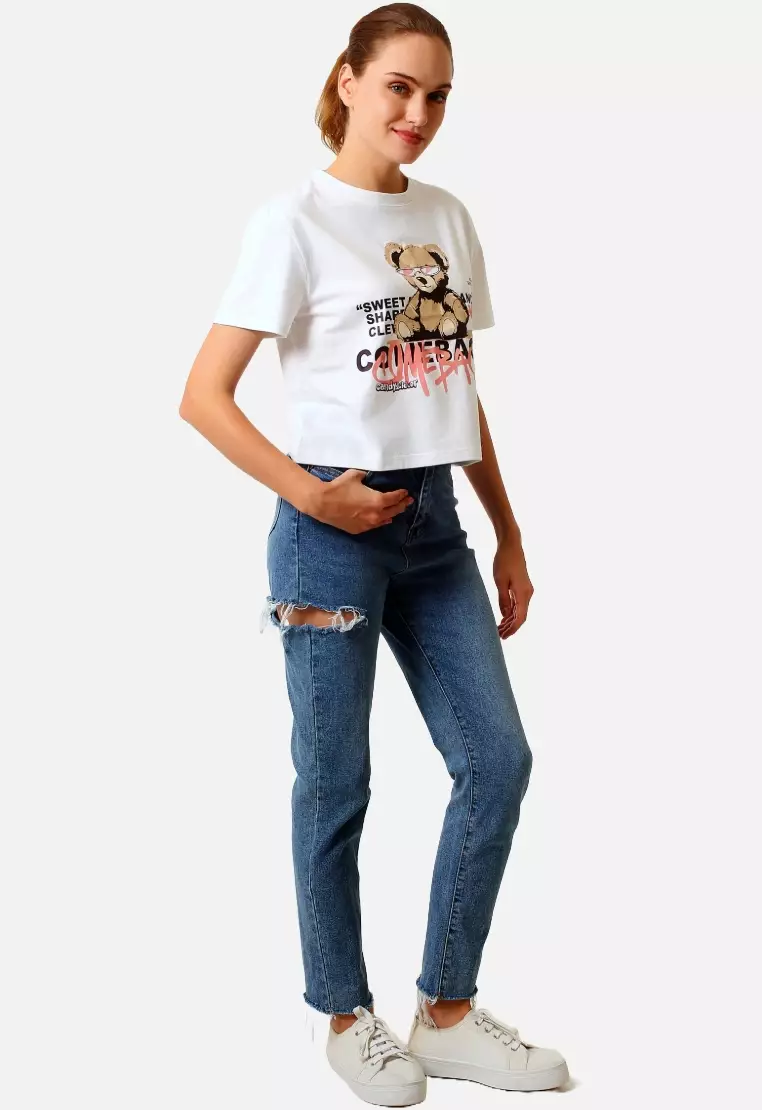 TONIQUE Kaos Crop Wanita Putih MOCCA Women's Cotton Graphic Cropped T-shirt White