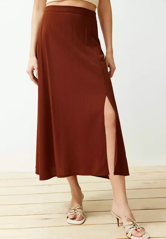 Textured Fabric Midi Skirt with Slit Detail