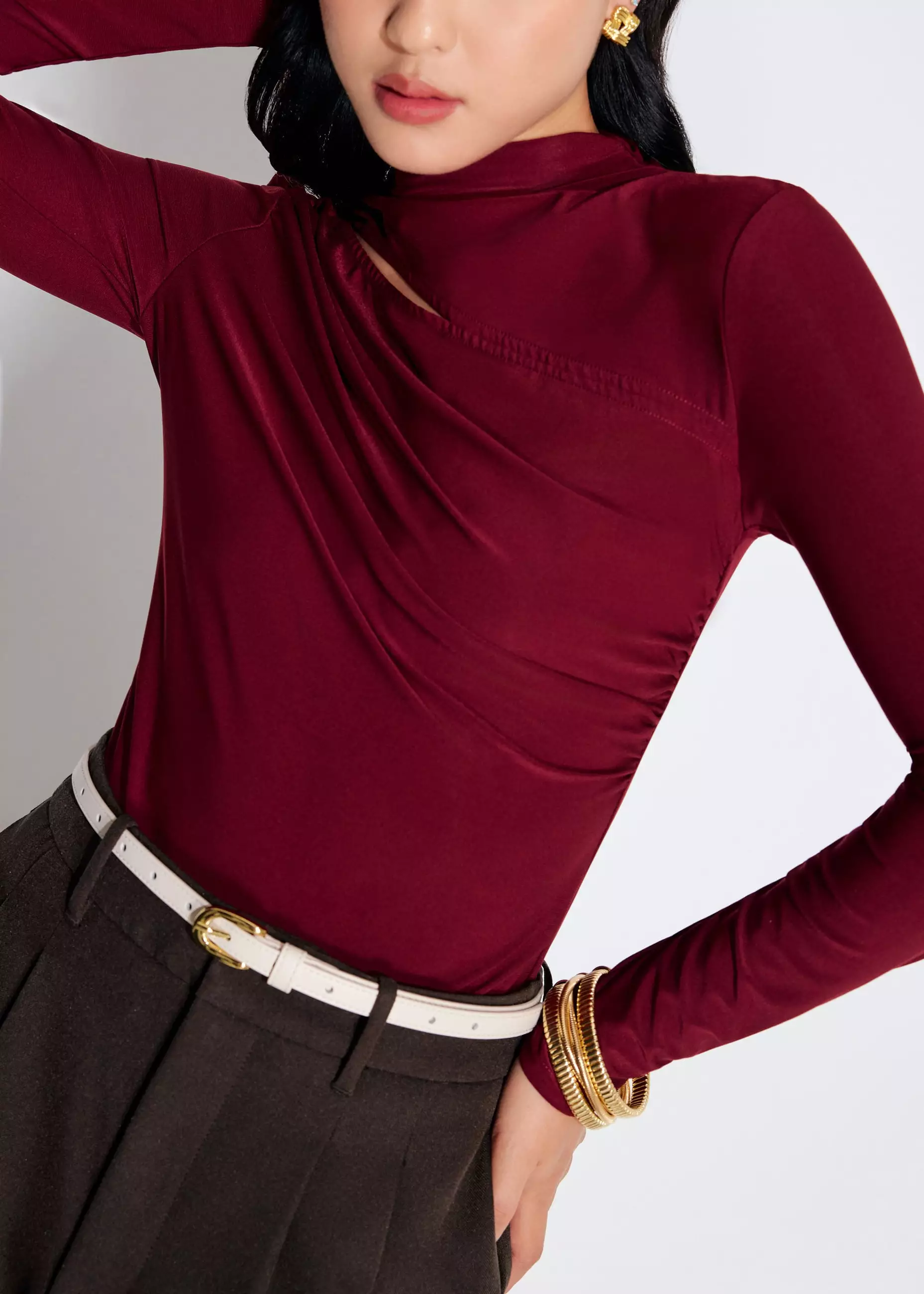 Atasan Wanita - Jersey Asymmetric Cut Out Mock Neck Top