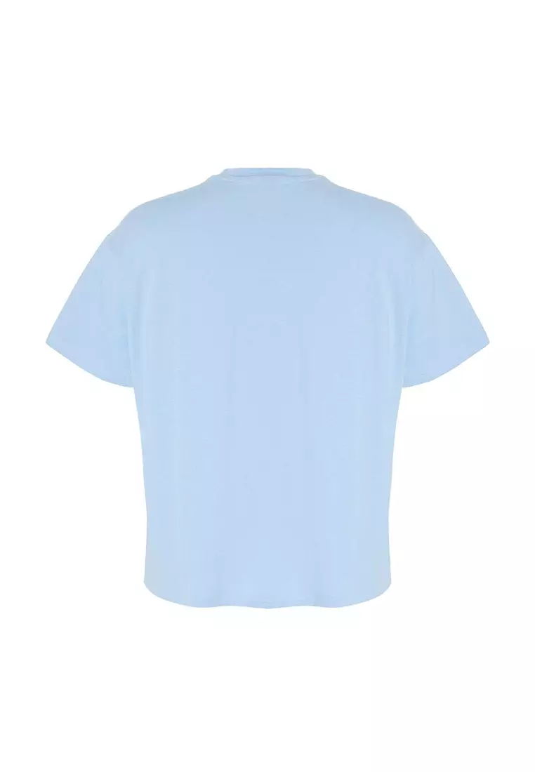 Blue Wide Fit Crew Neck Printed 100% Cotton Knitted T-Shirt Tbbss23Ah00131