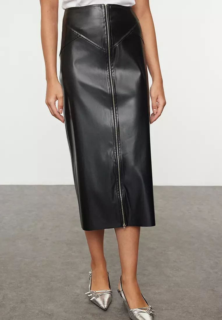 Black Zipper Detail Midi Faux Leather Skirt