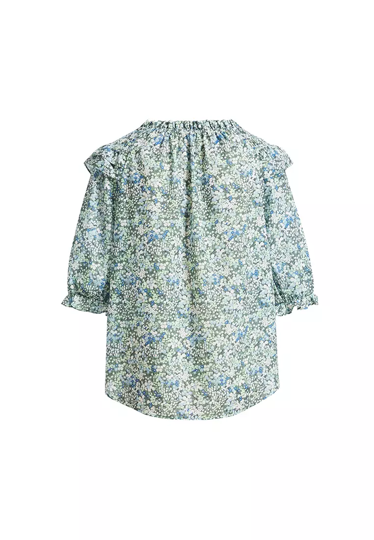 Elastic Round Neck and Sleeveless Floral Blouse