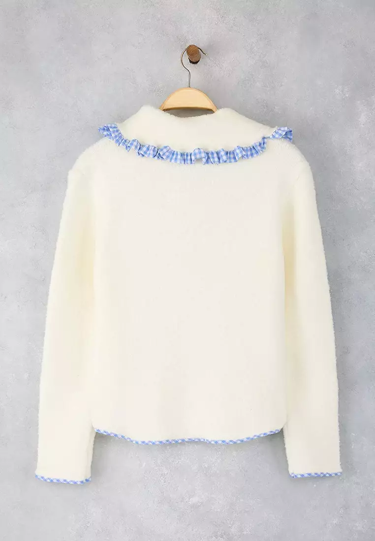 Ecru Soft Textured Garni Detailed Wide Fit Coat Look Knitwear Cardigan