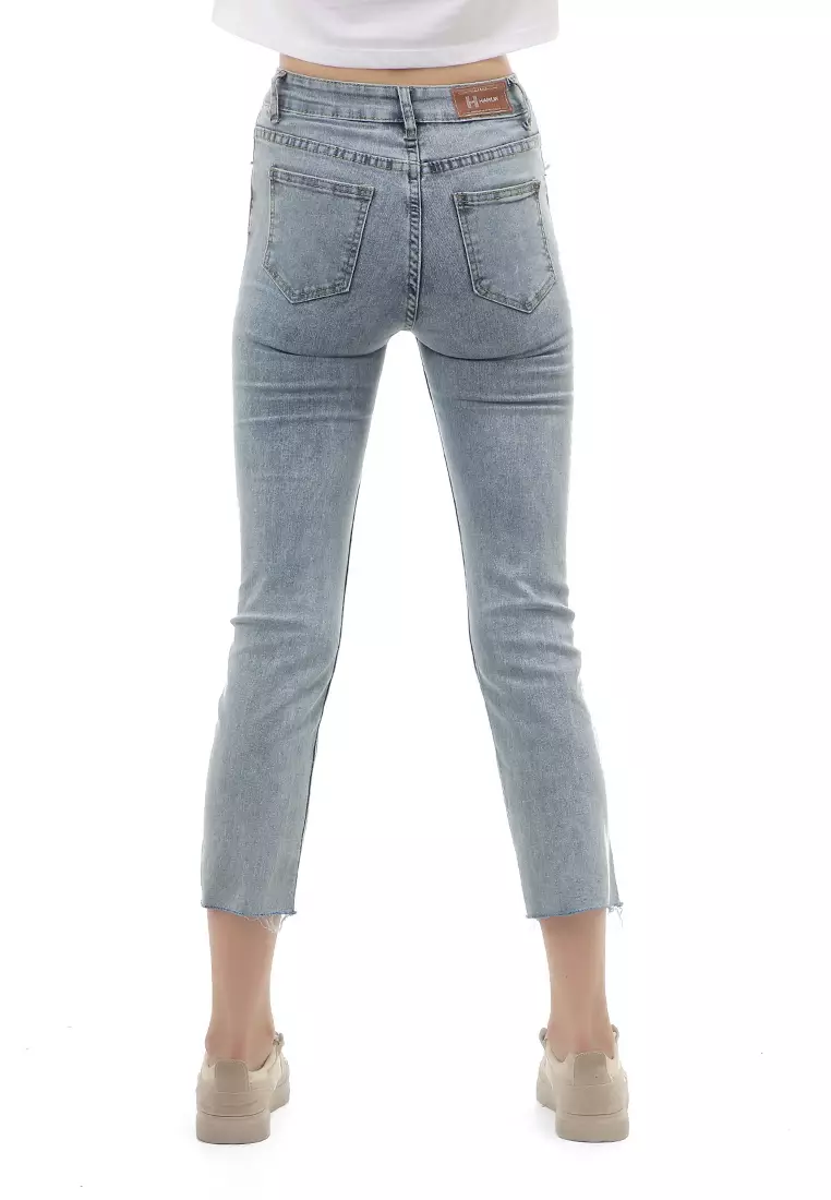 Jourel Long Pants Unfinish Wanita Celana Jeans High Waist Material Denim ORIGINAL - Light Blue