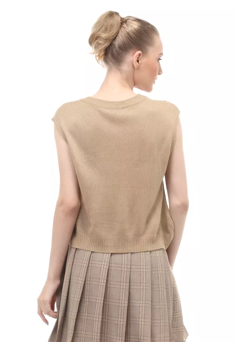 Vest Knit Atasan Wanita Sleeves Kerah V-neck Design Simple - Cream
