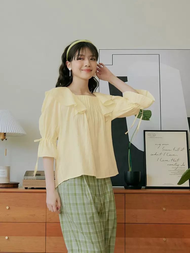 Square Neck Ruffle Sleeve Tie Top [AB18986]