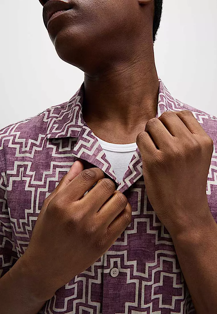 Linen Blend Geometric Print Short Sleeve Shirt