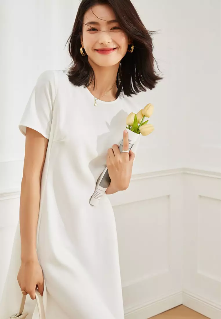 Simple and Elegant Solid Color Short Sleeve Dress CA101934W