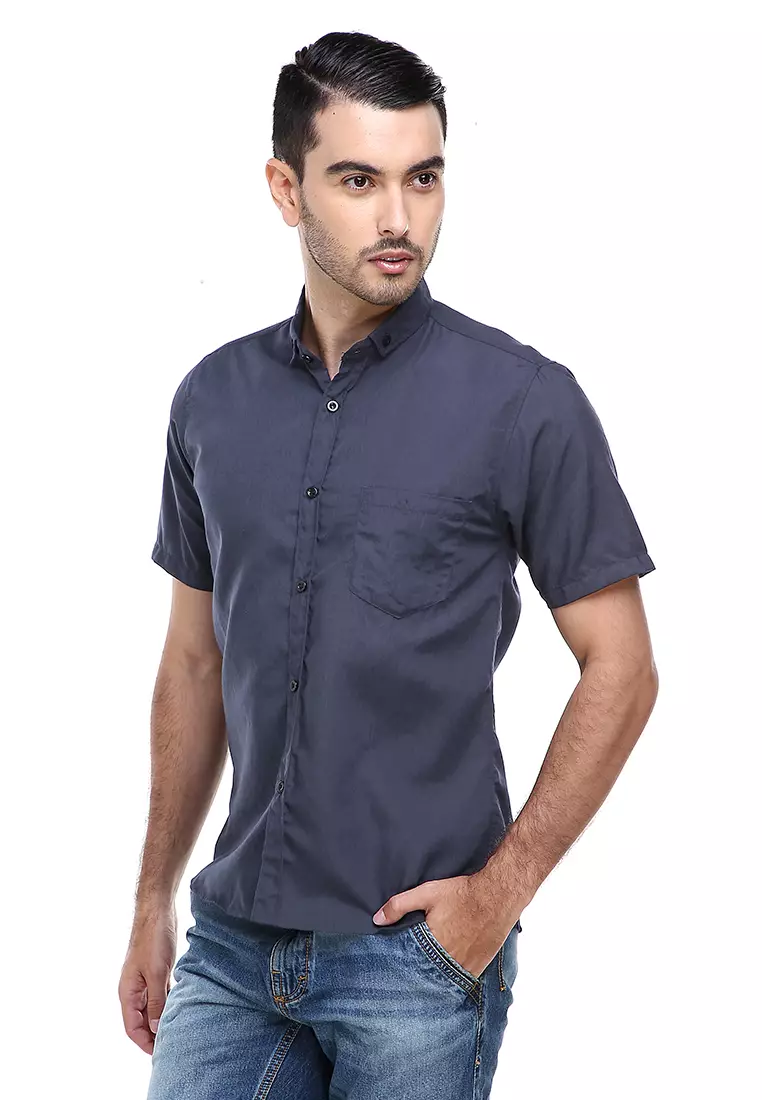Dwan Casual Shirt Kemeja Polos Pria Lengan Pendek Kasual Formal Material Cotton ORIGINAL - Dark Gray