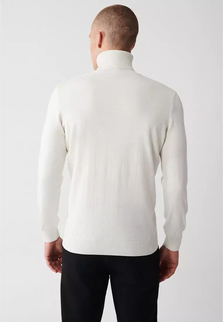 Men's Ecru Turtleneck Cotton Patterned Knitwear Sweater A32Y5198