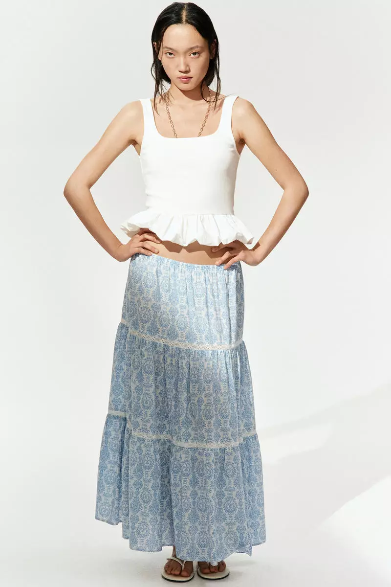 ★2025SS新作★EXPIRED GIRL★Lace Check Maxi Skirt Woven High Rise Check Lace Tiered Maxi Skirt For Vacation