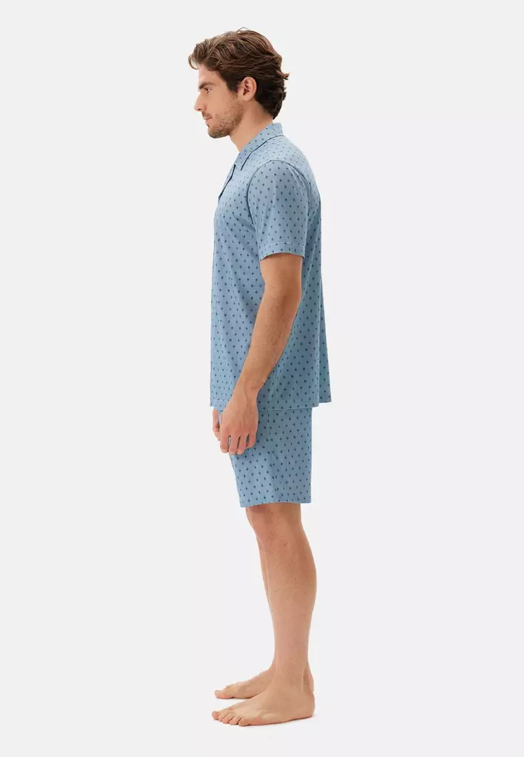 Blue Shirt & Shorts Knitwear Set, Micro Print, Shirt Collar, Regular, Short Leg, Short Sleeve Sleepwear for Men
