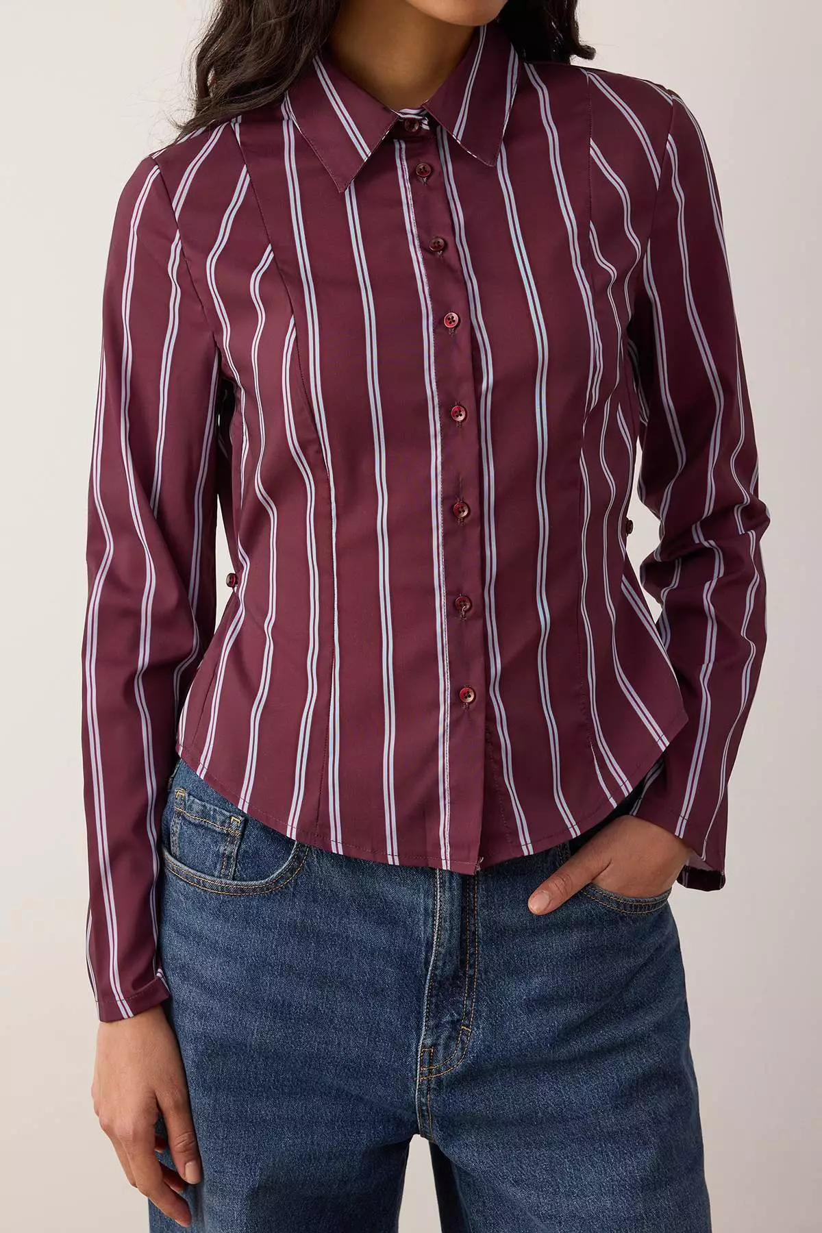 Burgundy-Multicolored Striped Waist Adjustable Lightweight Fitted Waist Wide Sleeves Shirt Twoaw26Go13