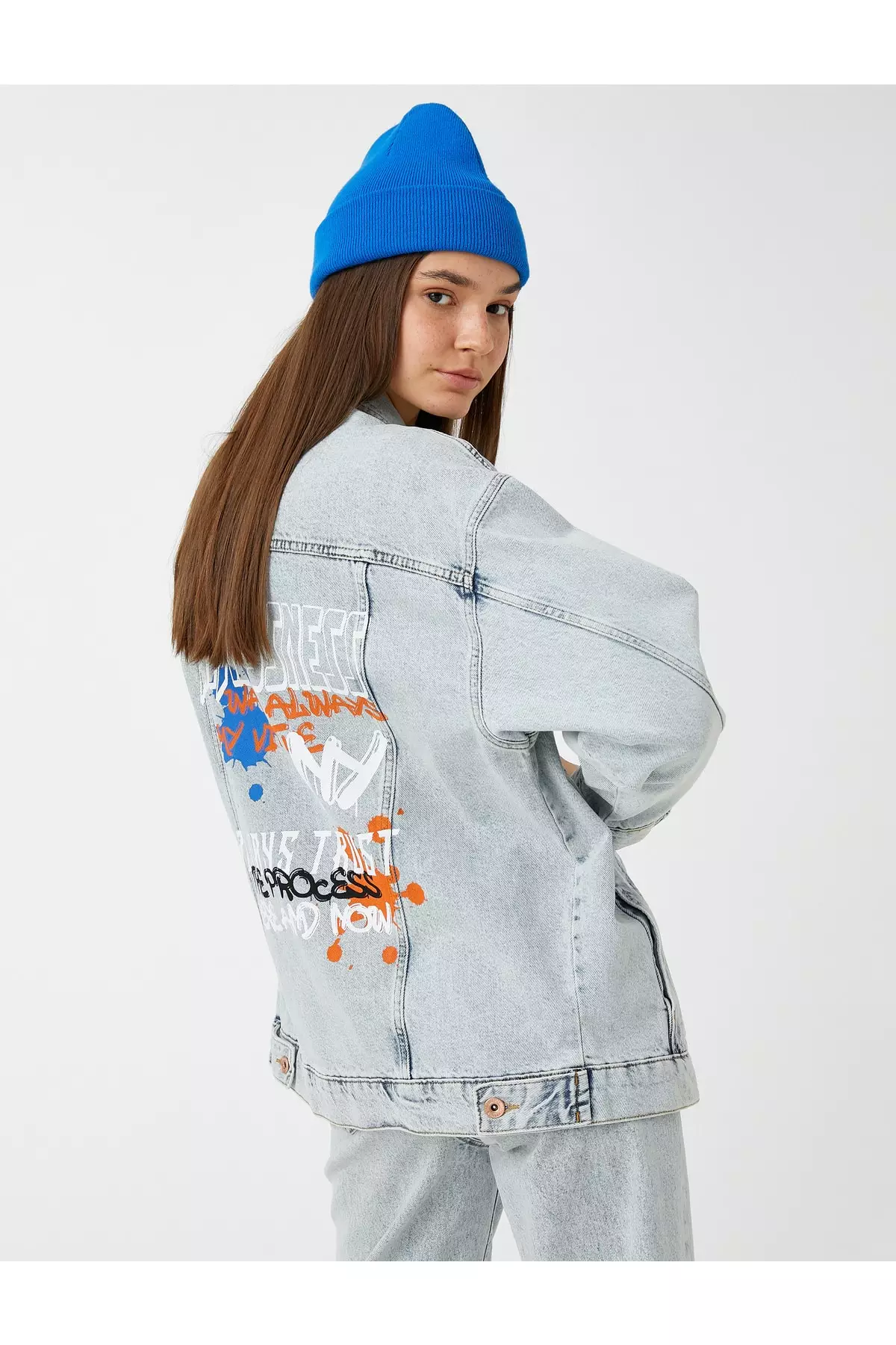 Oversized printed denim jacket hotsell