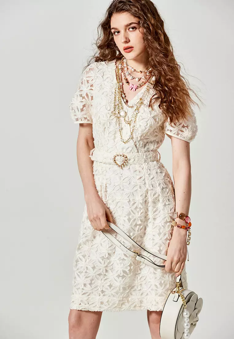 3-D Floral Mesh Midi Dress