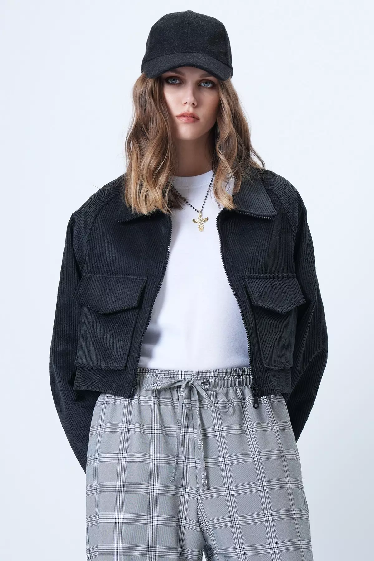 Women'S Black Double Pocket Raglan Sleeve Velvet Jacket Alc-X14604