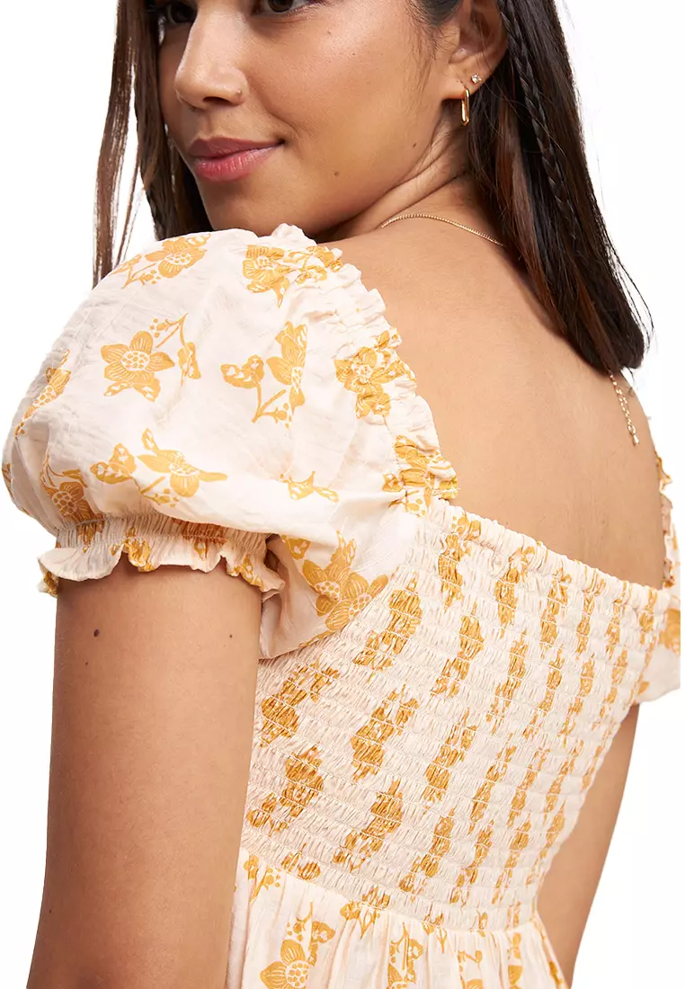 Block Print Smocked Babydoll Dress