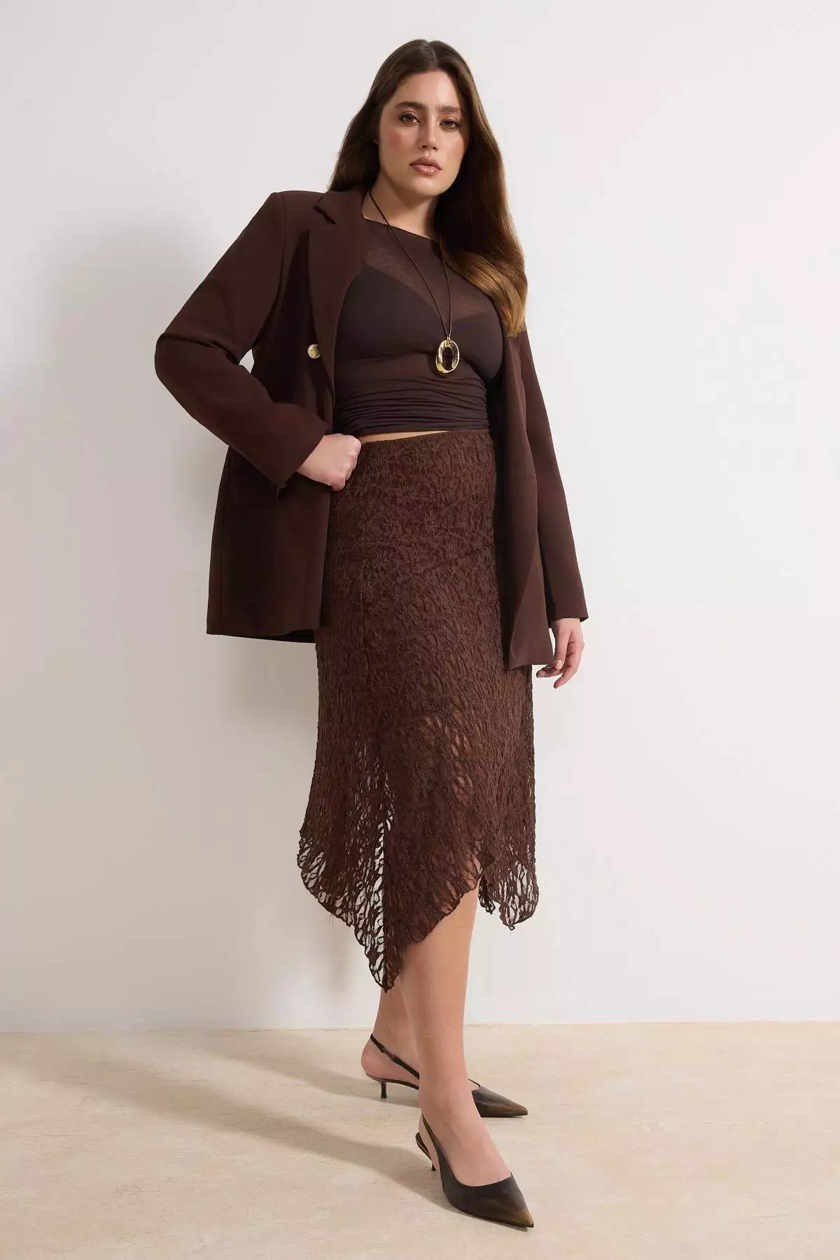 Brown Lace Asymmetric Handkerchief Form Midi Knitted Plus Size Skirt Tbbaw26Az00027