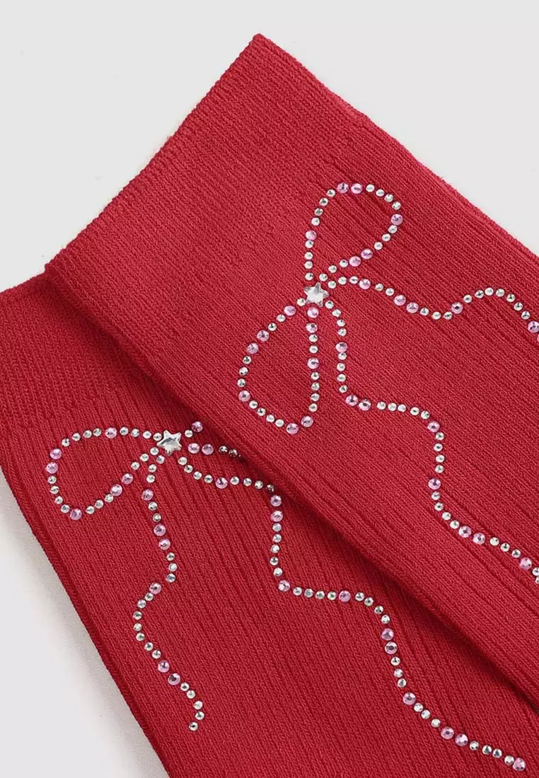 Ribbed Knit Rhinestone Bow Detail Cotton Blend Crew Socks