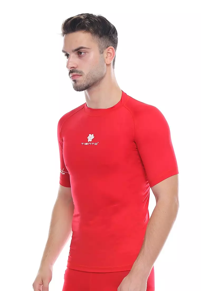 Tiento Man Baselayer Baju Ketat Manset Olahraga Pria Short Sleeve Red Rashguard Sport Original
