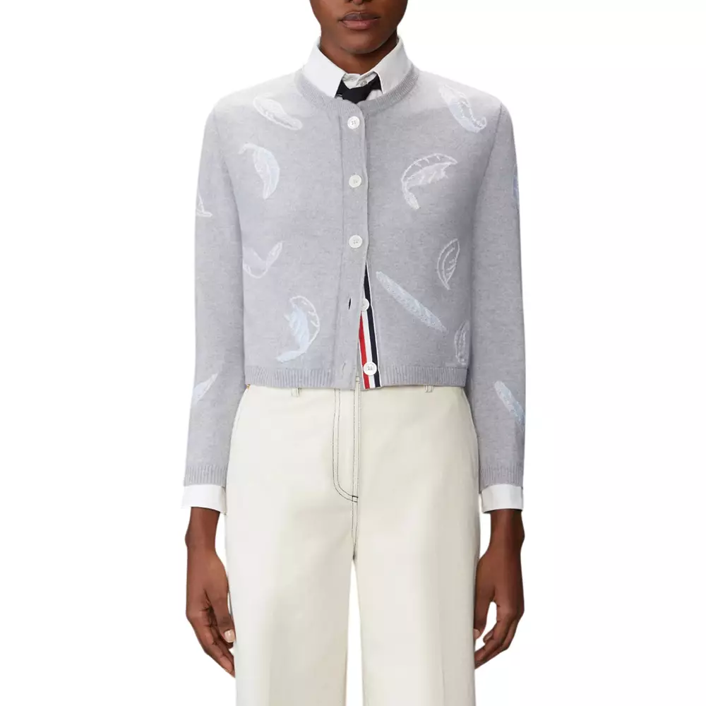 Feather Intarsia Printed Silk Twill Crew Neck Cardigan Pale Grey