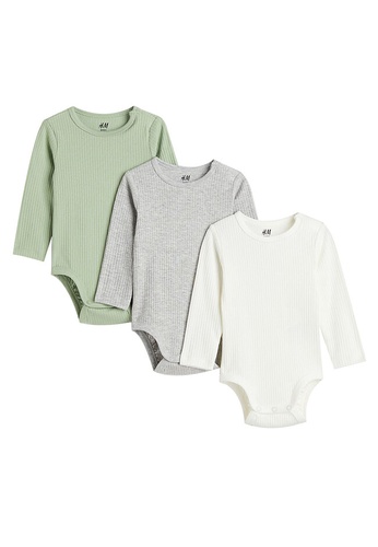 H&M grey and white and green 3-Pack Ribbed Bodysuits D12EDKA79DBA3DGS_1