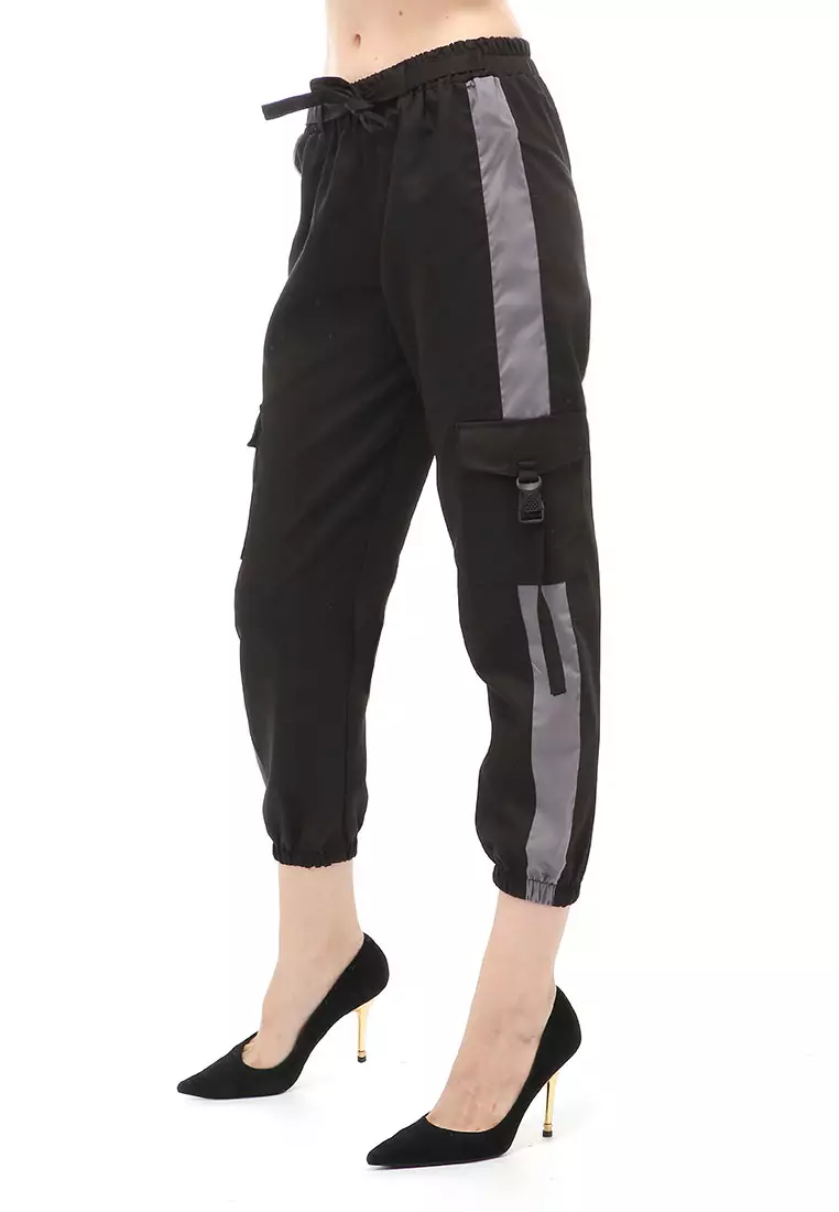 Jourel Celana Panjang Kasual Wanita Jogger Cargo Pants Plered Line Material Cotton ORIGINAL - Black Gray