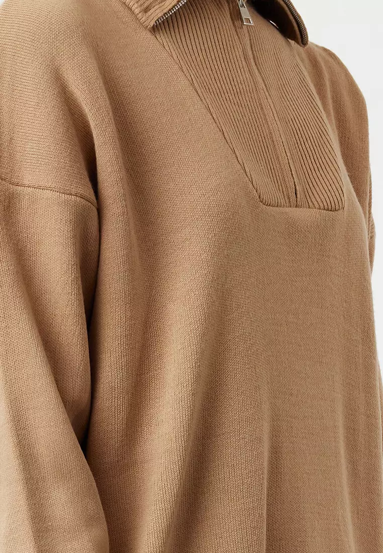 Camel Comfortable Fit Basic Knitwear Dress with Zipper Collar TCTAW25EB00013