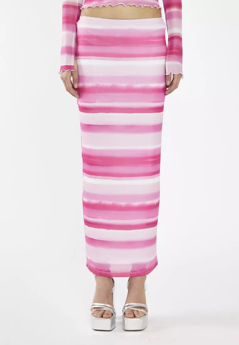 Pink Ombre Stripe Mesh Bodycon Maxi Skirt