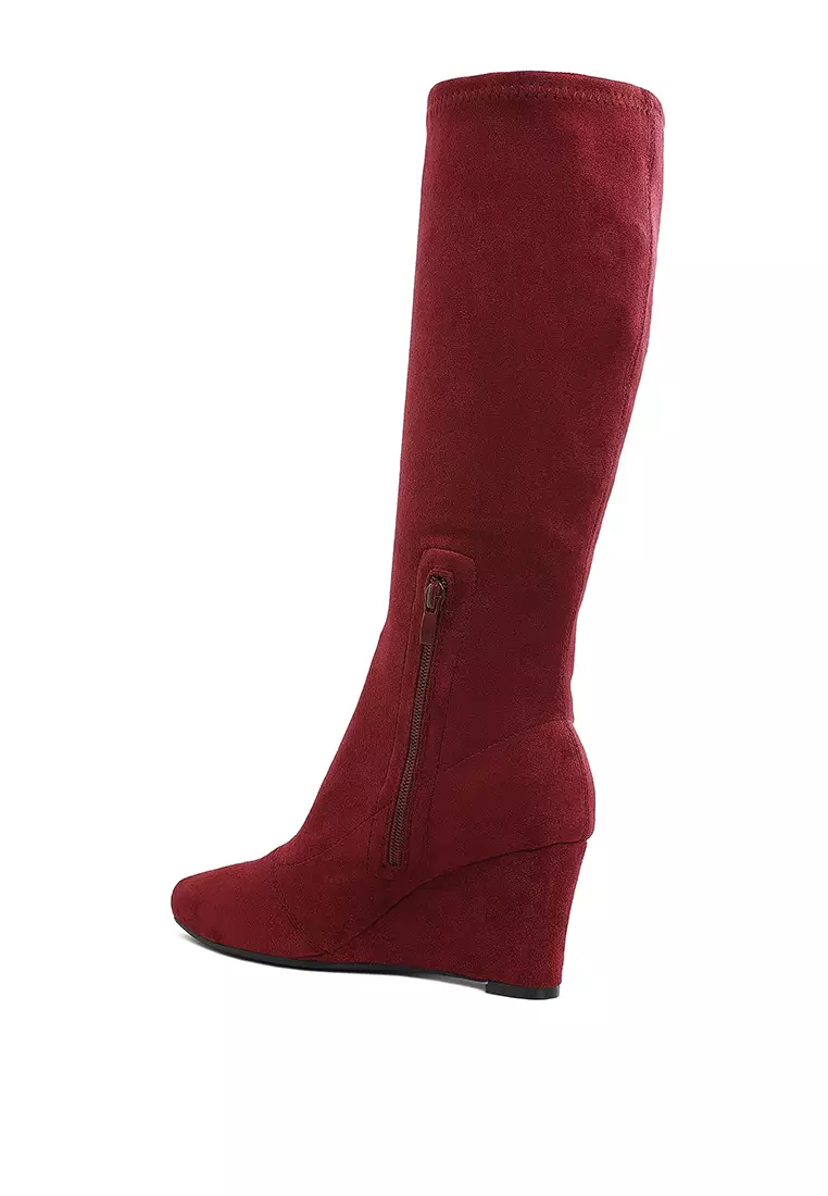 Microfiber Wedge Heel Boots in Dark Red