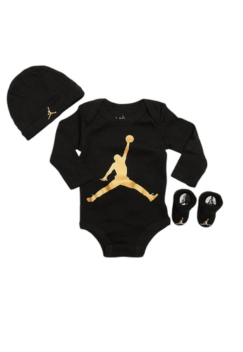 Jordan black Jordan Unisex Newborn's Jumpman Long Sleeves Bodysuit, Hat & Bootie Set (0 - 6 Months) - Black / Gold 1916CKA650F616GS_1