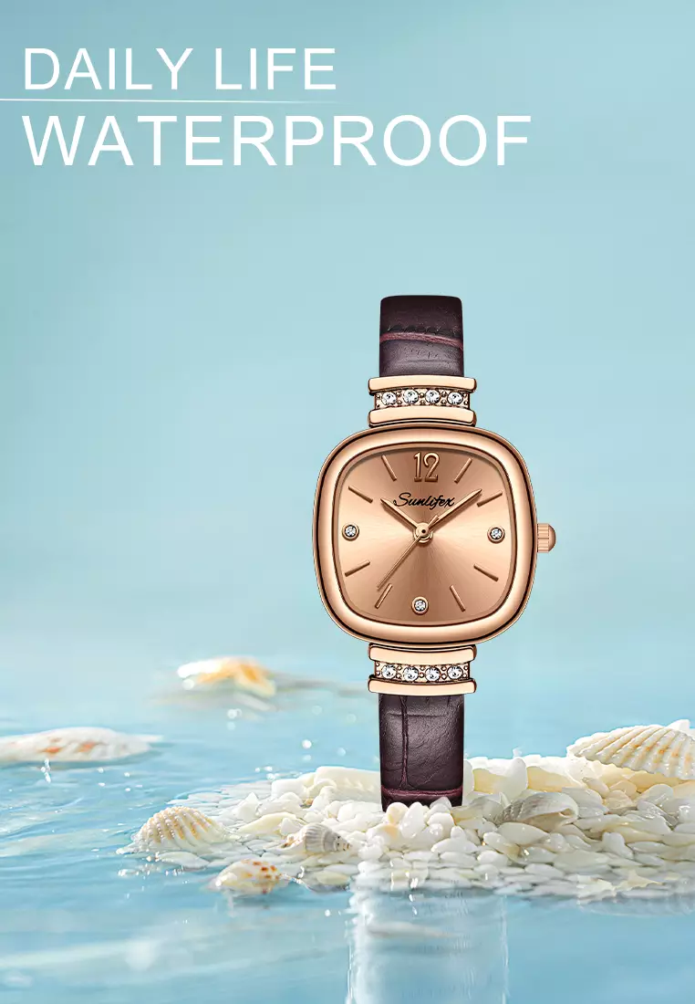 8001 Jam Tangan Wanita Original Berlian Gaya Antik Anggun Jam Kuarsa Tali Kulit Jam Tangan Cewek brown