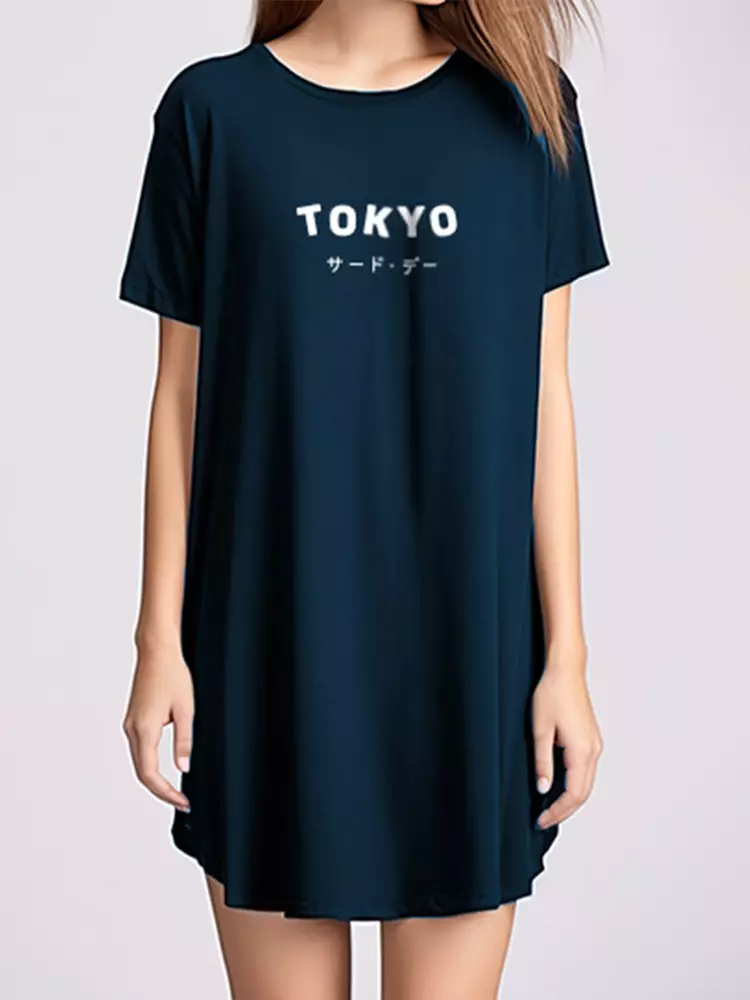 LTF11 long dress kaos t shirt wanita tokyo katakana navy