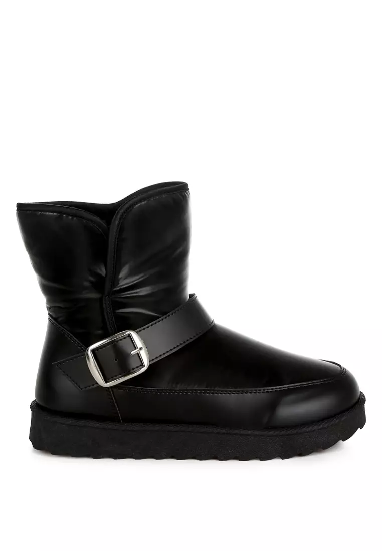 Buckle Strap Puffy Ankle Boots in Black