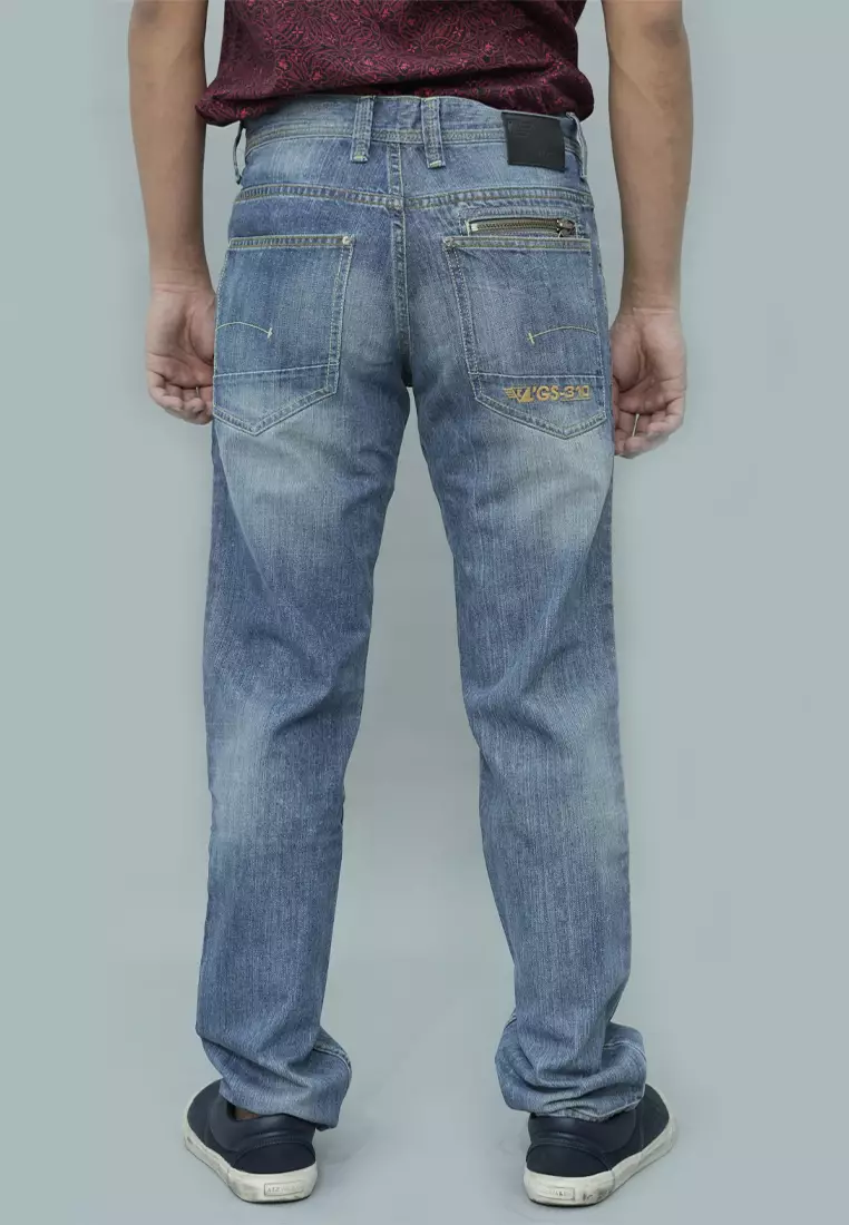 LGS - Celana Jeans Casual Pria - Motif Washed Whiskers - Biru - Regular Fit - LESF.318.062.773.7C
