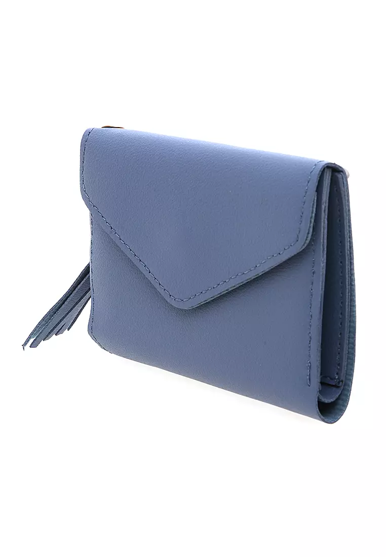 Dompet Wanita Aksen Rumbai Motif Solid Design Pastel Detail Kancing Snap - Biru