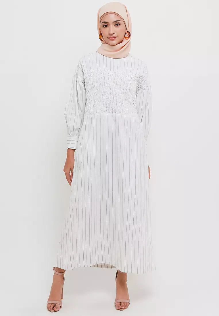 MFMW Nurlela Dress Broken White Motif Garis