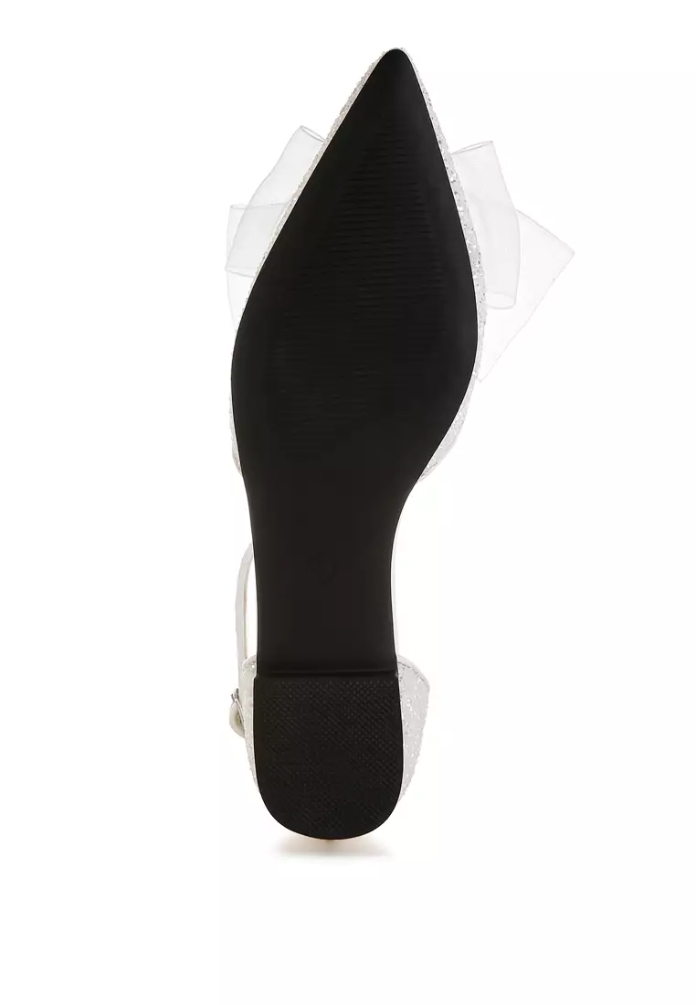 Sheer Bow Detail Glitter Flat Sandals in White
