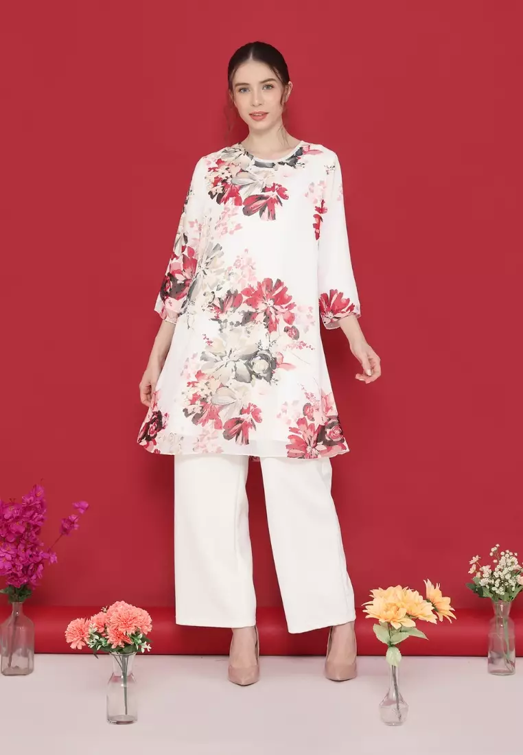 Tunik Sifon panjang wanita modis bahan ringan dengan desain floral kekinian By Brilliant Girl Warna PUTIH