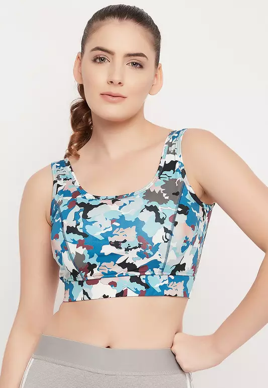 Clovia Medium Impact Padded Camouflage Print Sports Bra in Sky Blue