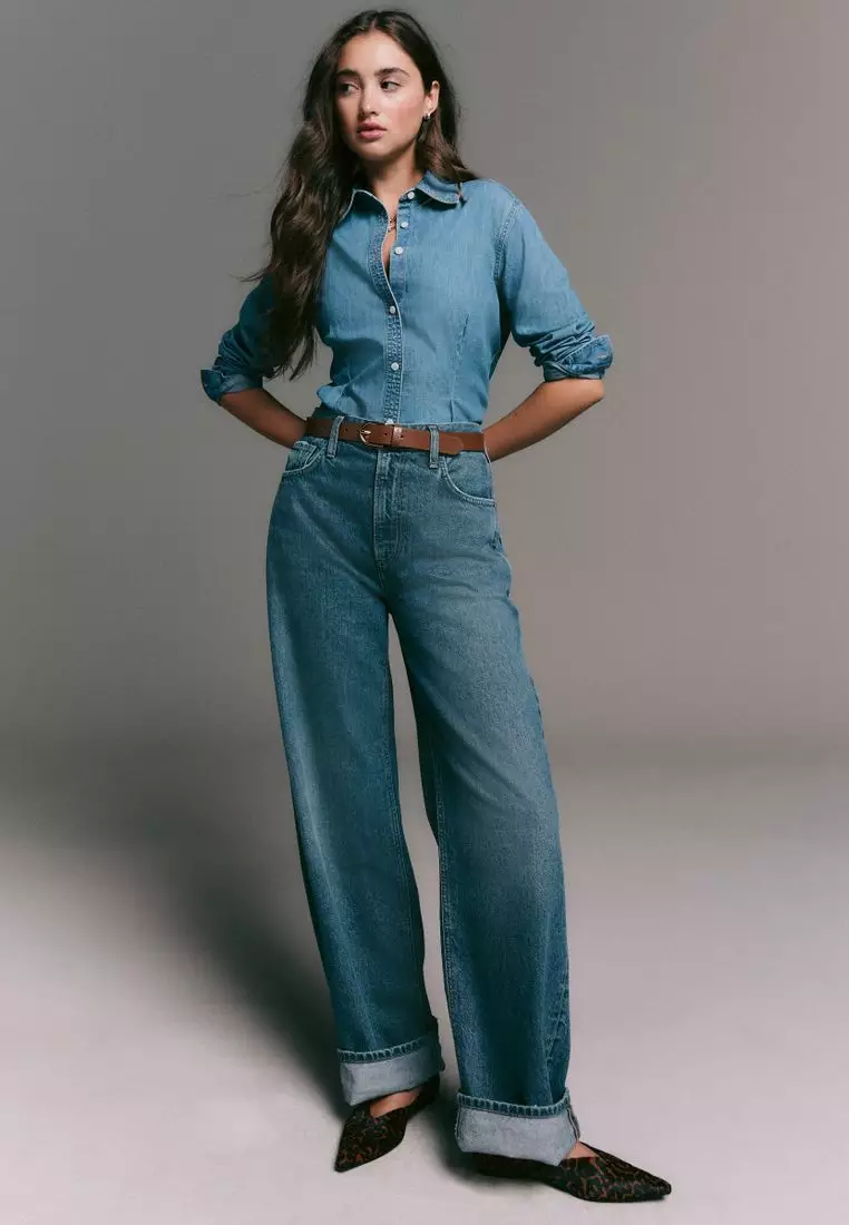 Cinch Waist Fitted Long Sleeve Denim Shirt
