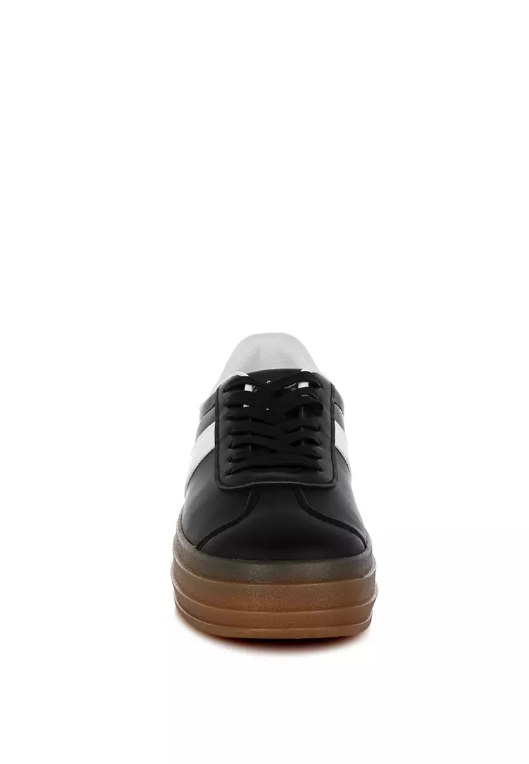Faux Leather Lace-Up Sneakers in Black