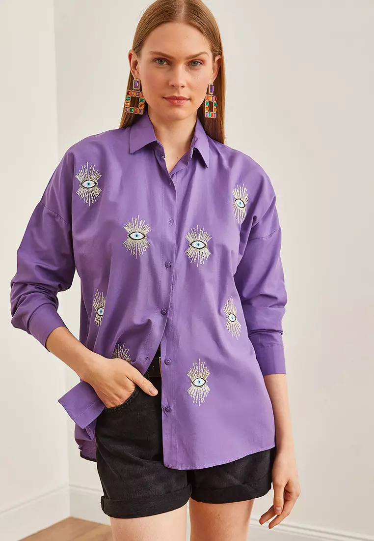 Eye Sequin Detailed Woven Boyfriend Shirt